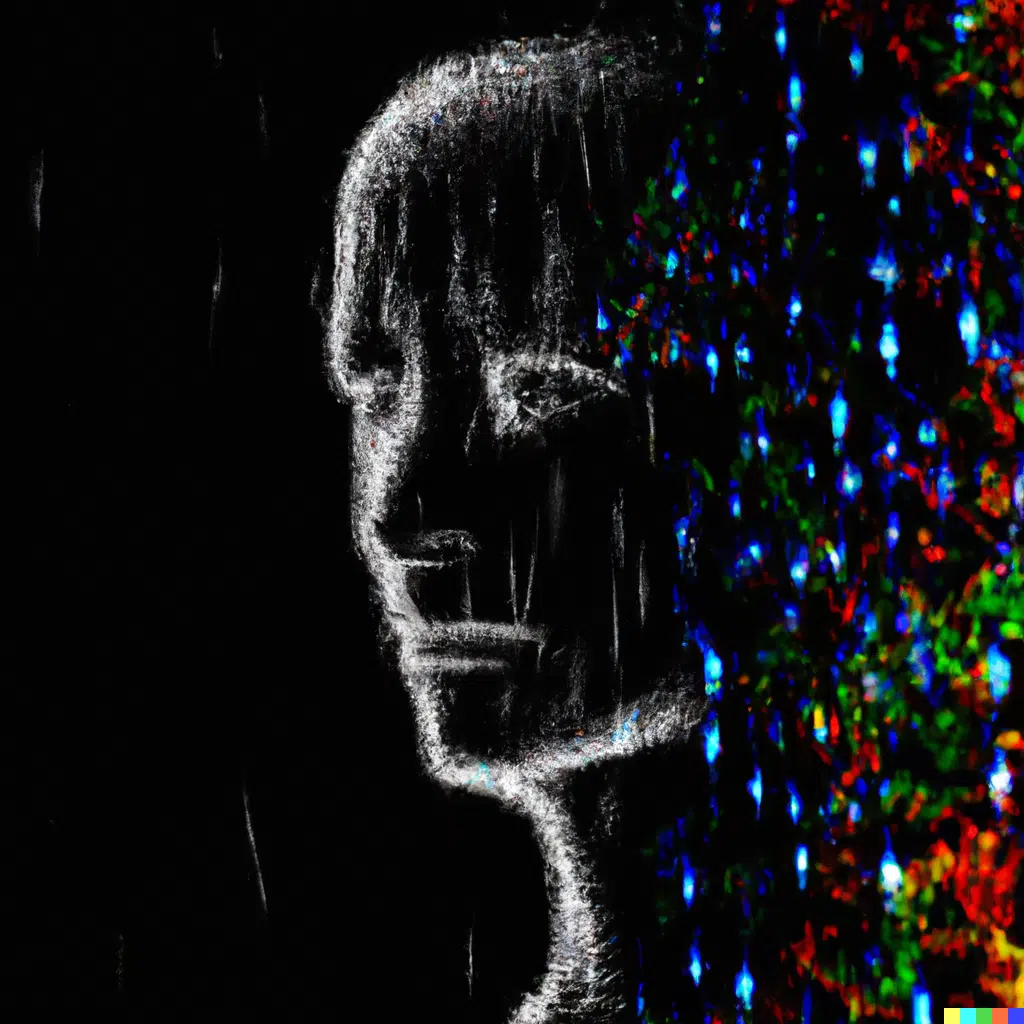 Image from Free AI Art Generator Dall-e. Black background with humanoid face outline in white with digital pixels spreading out from the back of the head