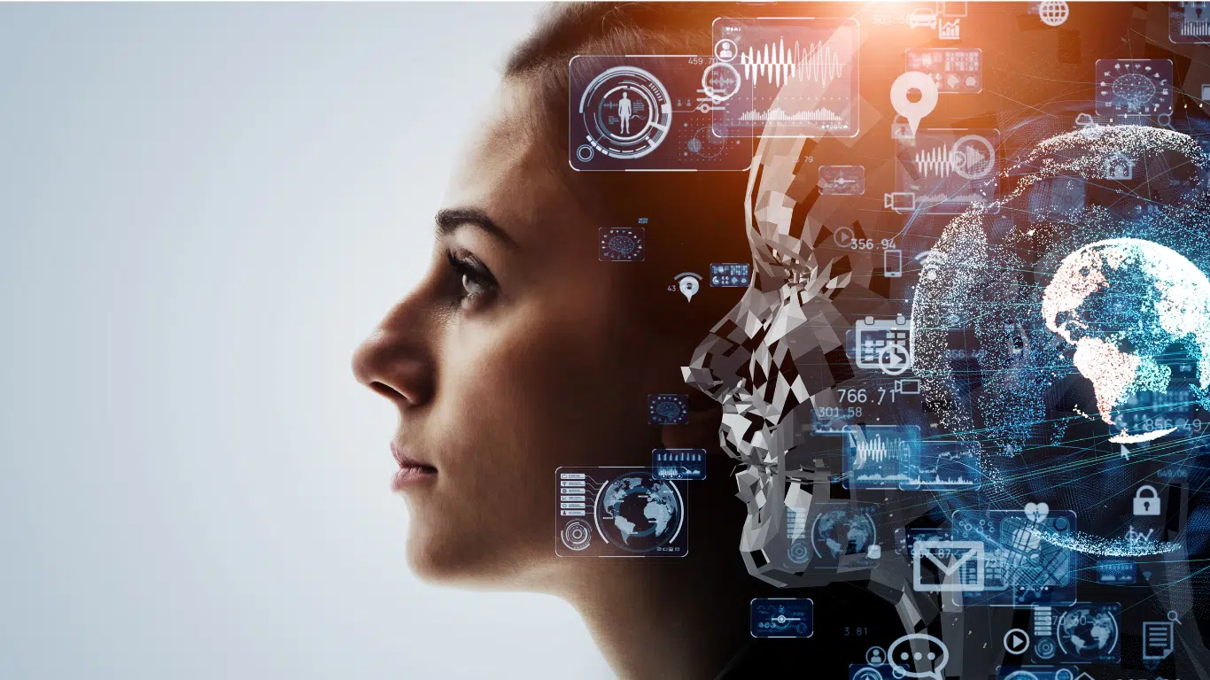 An image with a human face, and depicting Artificial Intelligence (AI) and Machine Learning (ML)