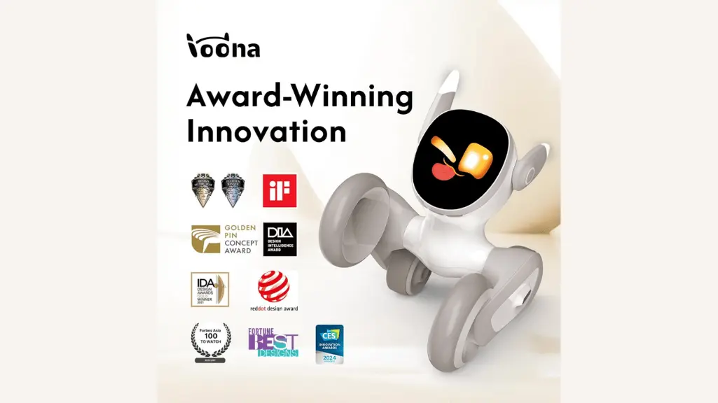 KEYi Tech Loona robotic pet displaying award-winning innovation credentials with industry recognition from iF Design Award, Red Dot Design Award, Golden Pin Concept Award, DIA Design Intelligence Award, IDA International Design Awards, Fortune Best Design 100, and CES 2024 Innovation Award honoree
