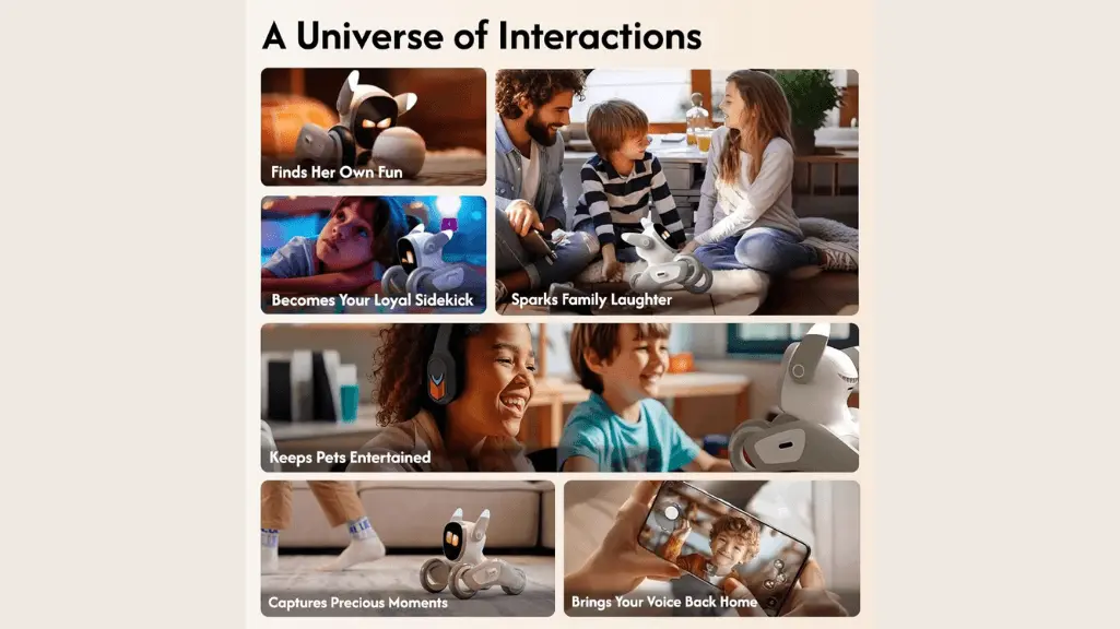 Infographic displaying six interaction modes of the Loona robot pet: finds her own fun autonomously, becomes your loyal sidekick, sparks family laughter during playtime, keeps pets entertained, captures precious moments with built-in camera, and brings your voice back home through remote monitoring
