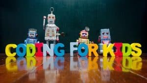 An image of the the coding for kids arranged on a table for the article coding robots.