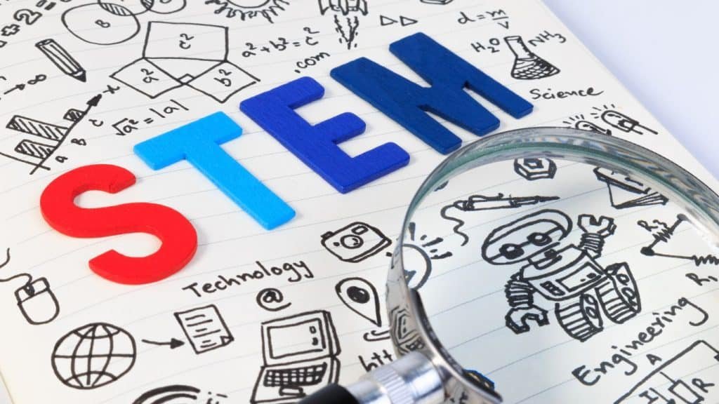 An image of the word STEM written on paper referring to coding robots for kids.
