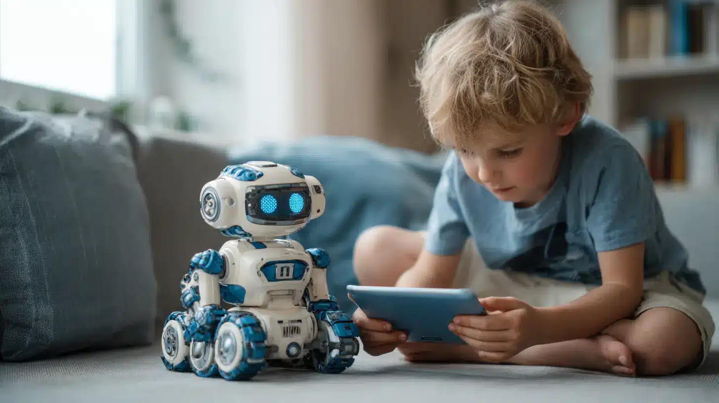 Best Robot Toys: child using a tablet next to a blue-and-white programmable robot on a couch.