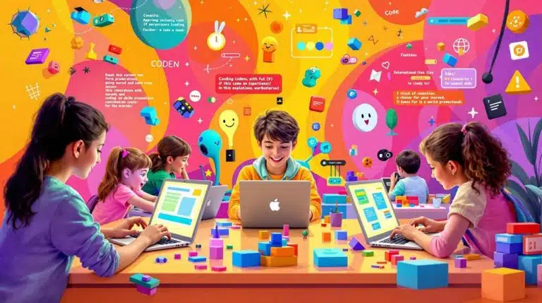 Children learning scratch coding with laptops.