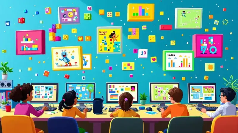 Kids engaging with scratch coding activities.