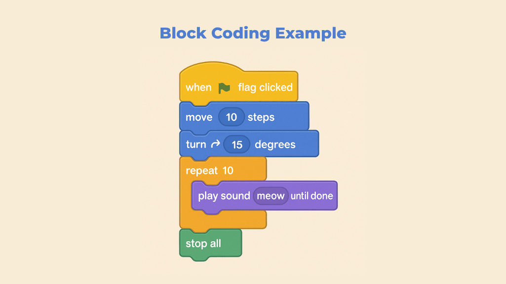 block-coding-example An educational image titled “Block Coding Example” shows a stack of colorful Scratch-style programming blocks on a beige background. The sequence begins with a yellow “when flag clicked” event block, followed by blue motion blocks labeled “move 10 steps” and “turn 15 degrees.” Below them is an orange “repeat 10” loop containing a purple sound block that says “play sound meow until done.” The stack ends with a green “stop all” control block. The layout visually demonstrates a simple beginner block-coding script for kids.