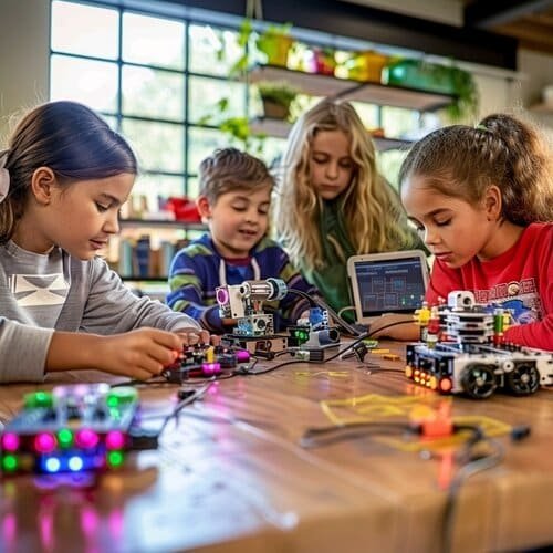A bright classroom corner showcases elementary students gathered around a wooden table, manipulating colorful robotics blocks and circuit boards. Natural sunlight streams through tall windows, illuminating their focused expressions. In the foreground, small hands connect LED components while tablets display coding interfaces. Behind them, organized shelves hold age-labeled STEM kits, microscopes, and building materials. The shallow depth of field emphasizes the children's engaged collaboration.