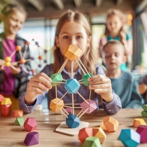 A young girl's hands manipulate colorful geometric blocks on a light wooden table, constructing a molecular structure. Behind her, blurred children engage with robotics kits and microscopes. Natural sunlight streams through tall windows, creating soft shadows. The shallow depth of field emphasizes her concentrated expression. Shot with a 50mm lens, the warm tones and bokeh create an inviting atmosphere of discovery and hands-on learning.