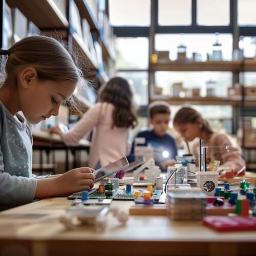 A bright classroom corner showcases elementary students gathered around a wooden table, manipulating colorful robotics blocks and circuit boards. Natural sunlight streams through tall windows, illuminating their focused expressions. In the foreground, small hands connect LED components while tablets display coding interfaces. Behind them, organized shelves hold age-labeled STEM kits, microscopes, and building materials. The shallow depth of field emphasizes the children's engaged collaboration.