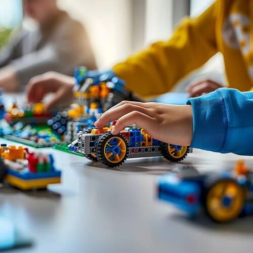 A child's hands manipulating colorful LEGO Mindstorms components on a white workspace, constructing a small wheeled robot with visible gears and sensors. Bright afternoon light streams through nearby windows, casting soft shadows. In sharp focus: tiny fingers connecting blue and yellow pieces, while blurred robotics kits and circuit boards fill the background. Shot with shallow depth of field, capturing intense concentration and creative discovery.