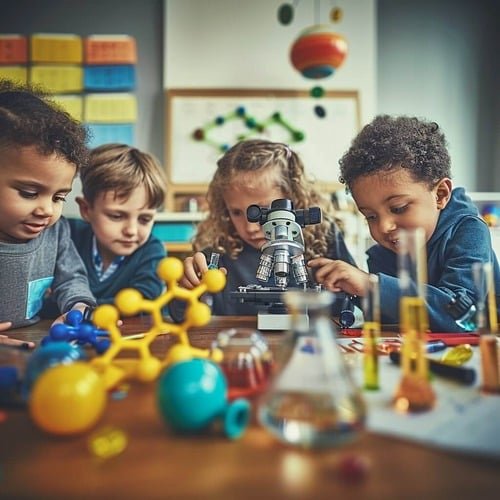 Education Hub. A bright classroom corner captures young students huddled around a microscope, their faces illuminated by natural window light. Colorful molecular models scatter across the wooden table beside test tubes filled with vibrant liquids. A child's hand adjusts the microscope dial while others lean in with wide-eyed curiosity. Behind them, a periodic table poster and student-made solar system mobile create depth. Shot with shallow depth of field, emphasizing the moment of discovery.