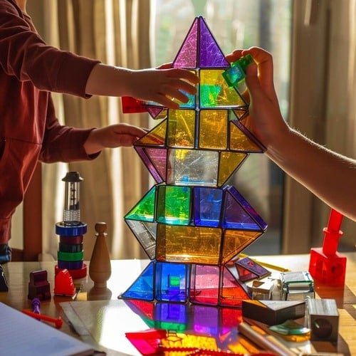 A close-up shot captures a child's hands assembling colorful magnetic building tiles on a sunlit wooden dining table, creating a geometric dome structure. Scattered nearby are a junior microscope, wooden pattern blocks, and an open notebook with pencil sketches. Soft afternoon light streams through sheer curtains, casting rainbow prisms from the translucent tiles. A parent's hand gently guides from the frame's edge. Shot with shallow depth of field, emphasizing the concentrated expression.