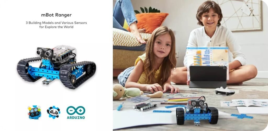 Makeblock mBot Ranger robot kit displayed as a tracked tank model with various sensors, alongside two children learning to code using a tablet and block-based programming interface.