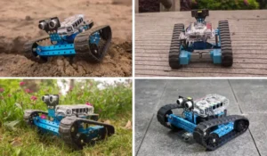 Four views of the mBot Ranger robot in outdoor environments demonstrating its rugged tank design and autonomous navigation features using ultrasonic sensors.